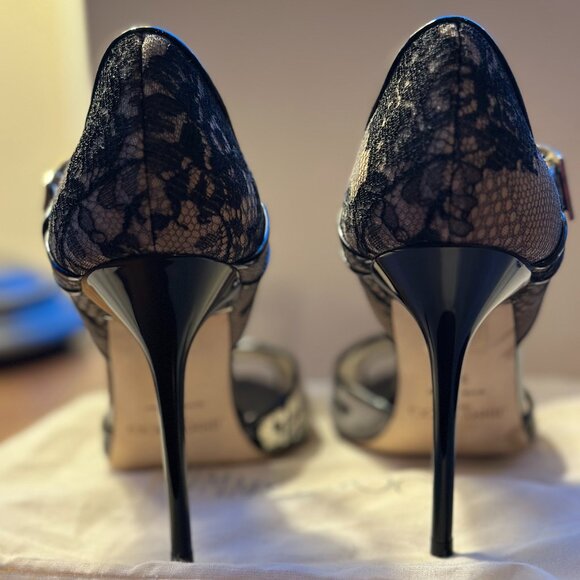 Jimmy Choo Patent Black Lace Articolo Peep-toe Size 38.5 (Women's 8) - Picture 4 of 8